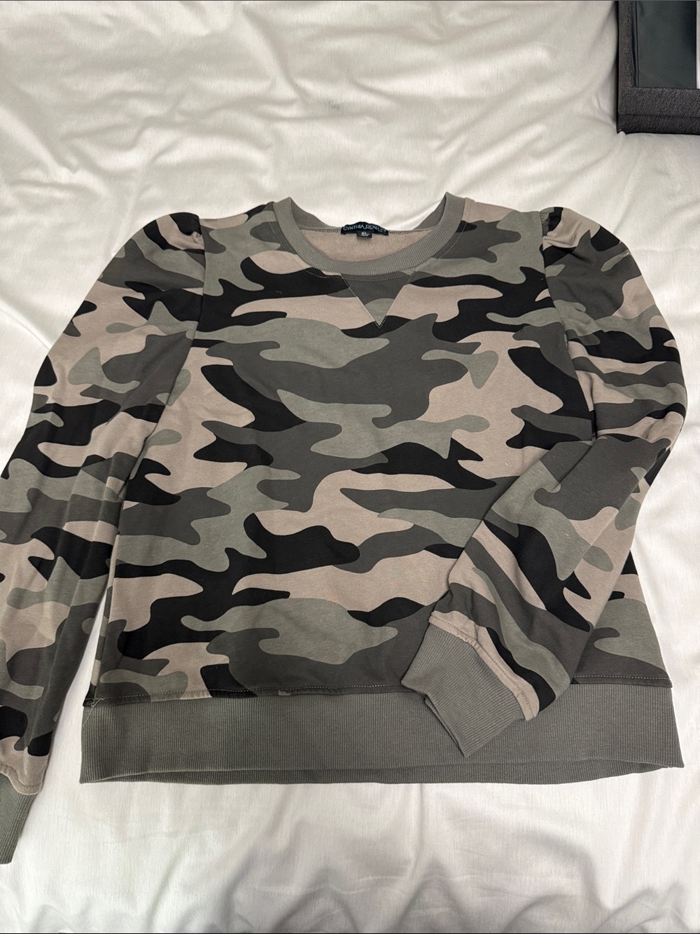 Cynthia Rowley Olive, Tan & Black Camo Puff Sleeve Sweatshirt